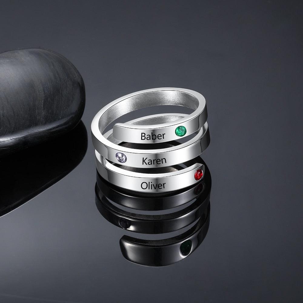 Personalized Stainless Steel Rings for Women - Four Custom Names - Four Custom Birthstones - Personalized Jewel