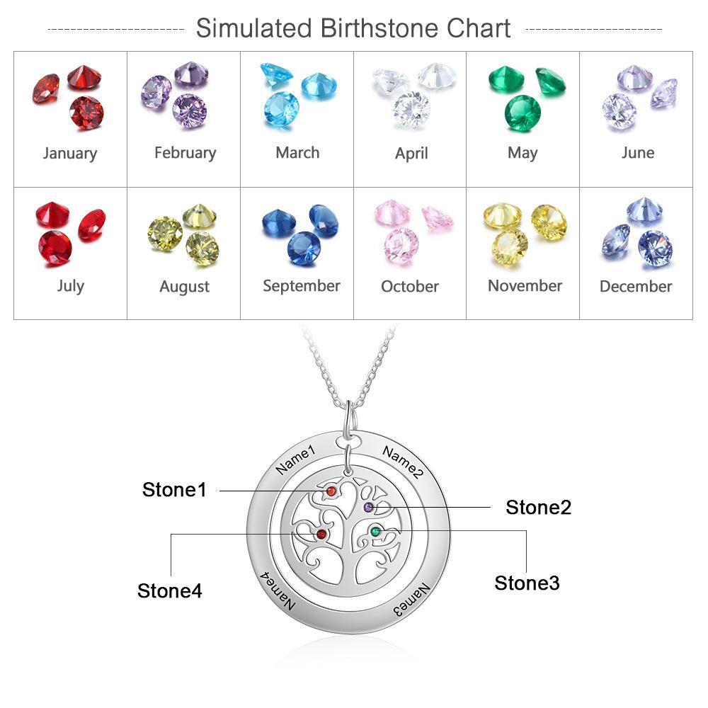 Personalized Stainless Steel Tree Of Life 4 Names & Birthstones Engraved Pendant Necklace, Fashion Jewelry Gift for Women - Personalized Jewel