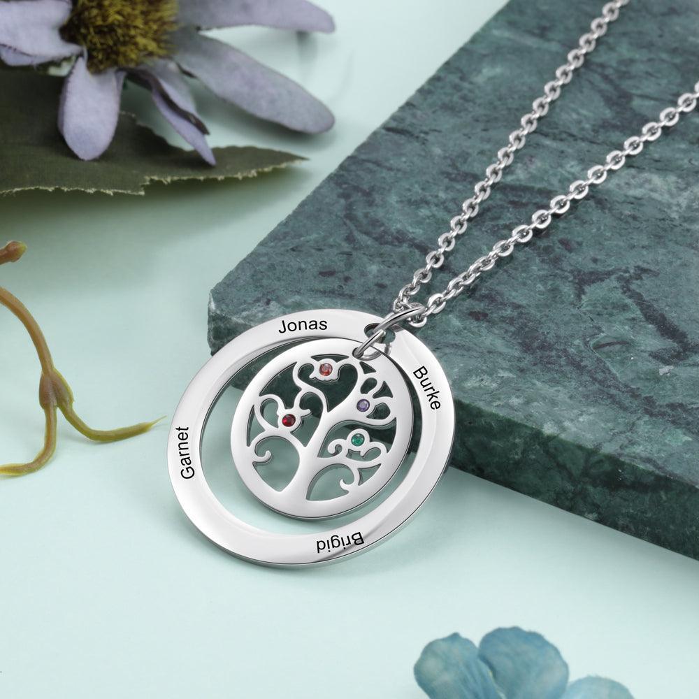 Personalized Stainless Steel Tree Of Life 4 Names & Birthstones Engraved Pendant Necklace, Fashion Jewelry Gift for Women - Personalized Jewel