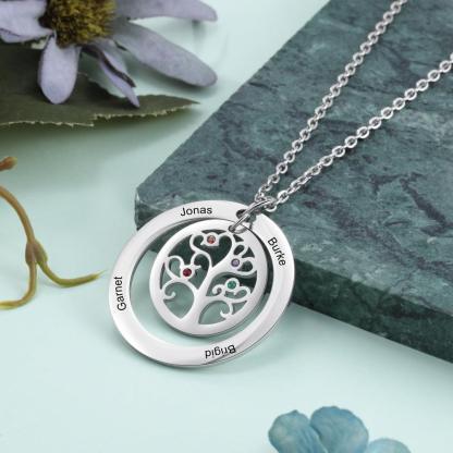 Personalized Stainless Steel Tree Of Life 4 Names & Birthstones Engraved Pendant Necklace, Fashion Jewelry Gift for Women - Personalized Jewel