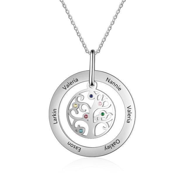 Personalized Stainless Steel Tree Of Life 6 Names & Birthstones Engraved Pendant Necklace, Fashion Jewelry Gift for Women - Personalized Jewel