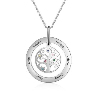 Personalized Stainless Steel Tree Of Life 6 Names & Birthstones Engraved Pendant Necklace, Fashion Jewelry Gift for Women - Personalized Jewel