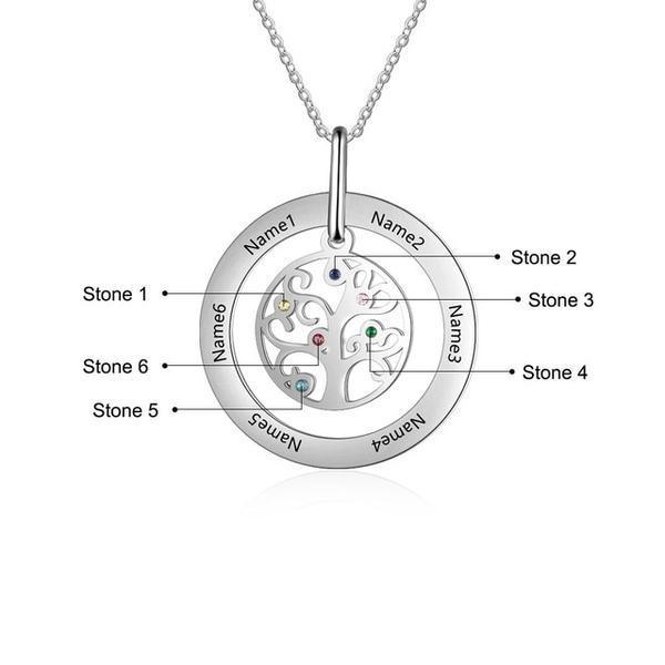 Personalized Stainless Steel Tree Of Life 6 Names & Birthstones Engraved Pendant Necklace, Fashion Jewelry Gift for Women - Personalized Jewel