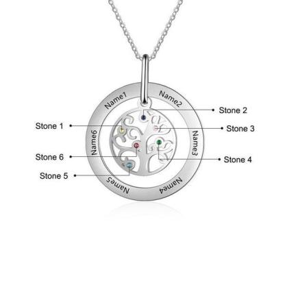 Personalized Stainless Steel Tree Of Life 6 Names & Birthstones Engraved Pendant Necklace, Fashion Jewelry Gift for Women - Personalized Jewel