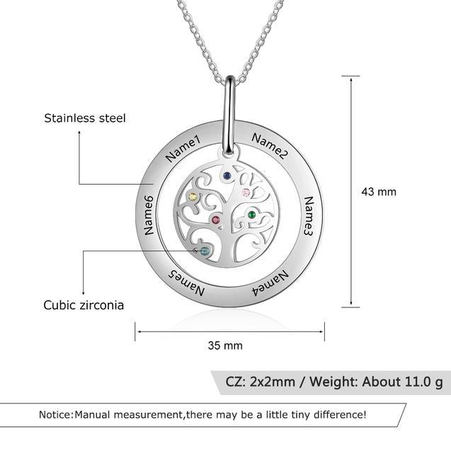 Personalized Stainless Steel Tree Of Life 6 Names & Birthstones Engraved Pendant Necklace, Fashion Jewelry Gift for Women - Personalized Jewel