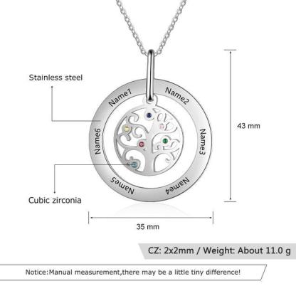 Personalized Stainless Steel Tree Of Life 6 Names & Birthstones Engraved Pendant Necklace, Fashion Jewelry Gift for Women - Personalized Jewel