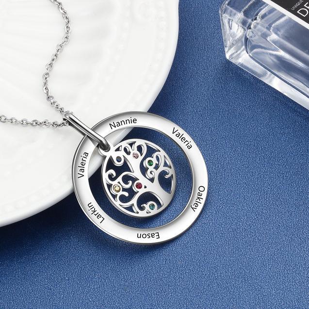 Personalized Stainless Steel Tree Of Life 6 Names & Birthstones Engraved Pendant Necklace, Fashion Jewelry Gift for Women - Personalized Jewel