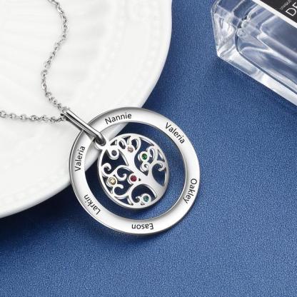 Personalized Stainless Steel Tree Of Life 6 Names & Birthstones Engraved Pendant Necklace, Fashion Jewelry Gift for Women - Personalized Jewel