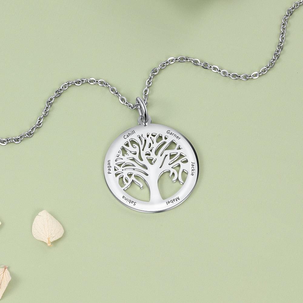 Personalized Stainless Steel Tree Of Life Names Engraved Pendant Necklace, Fashion Jewelry Gift for Mom - Personalized Jewel