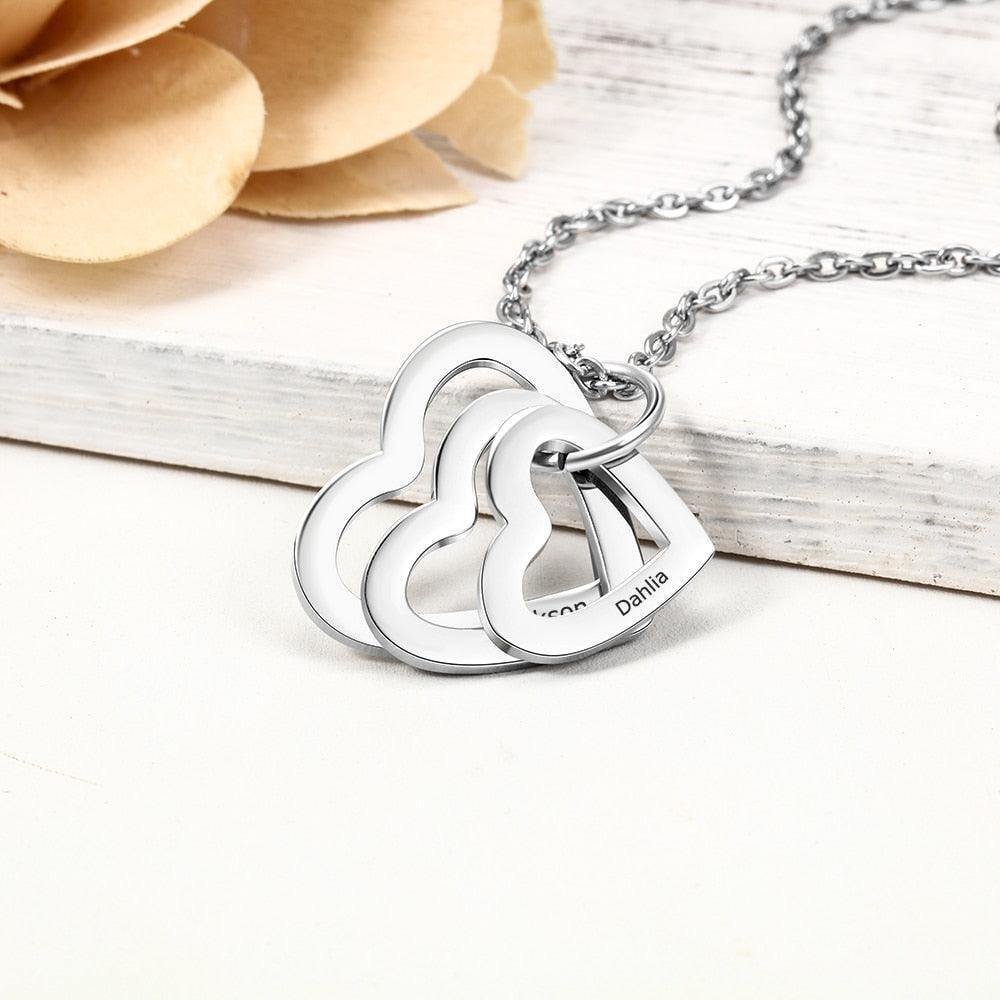 Personalized Stainless Steel Triple Heart 3 Names Engraved Necklace, Fashion Jewelry Gift for Women - Personalized Jewel