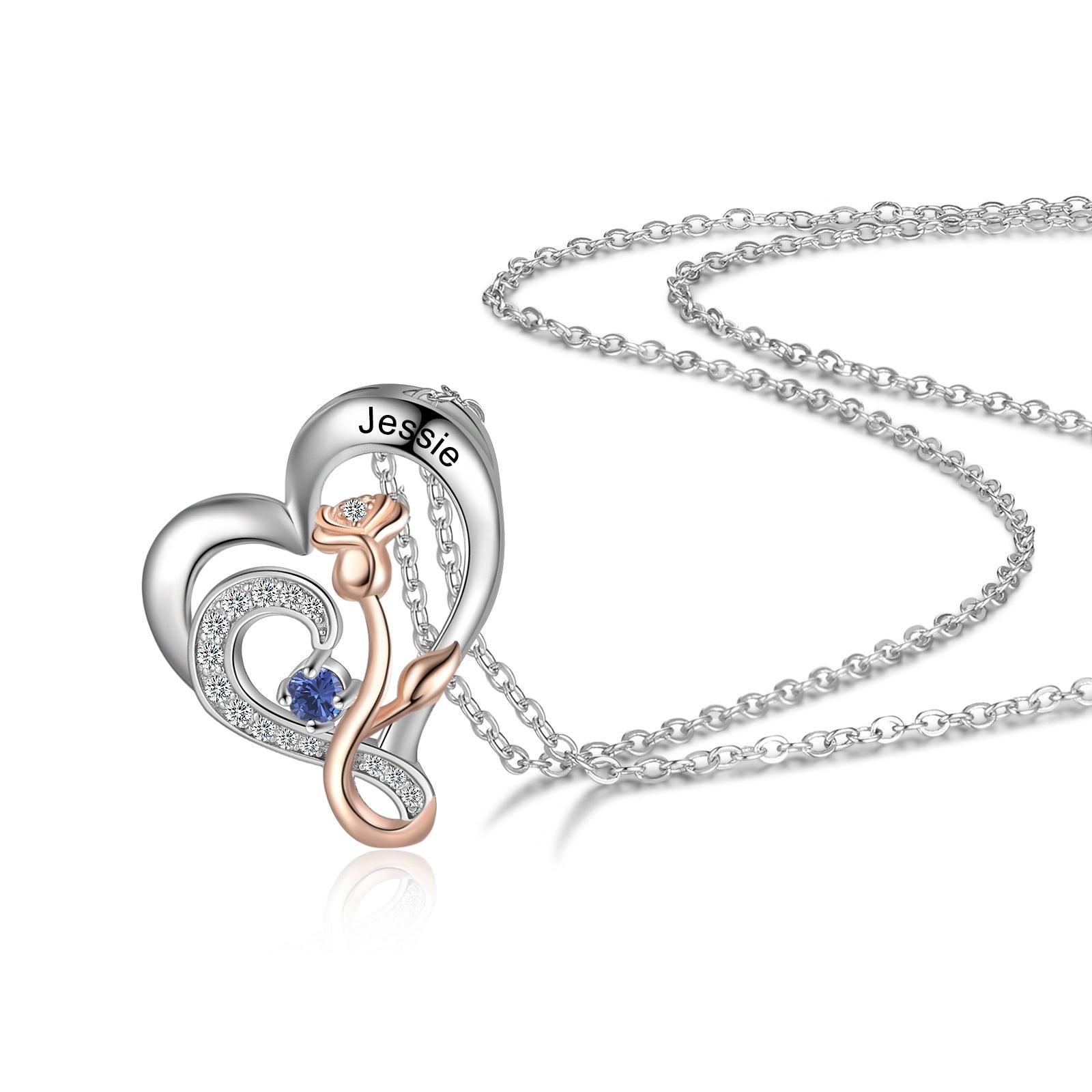 Personalized Sterling Rose Necklace - 1 Custom Name 1 Birthstone-Personalized Jewels