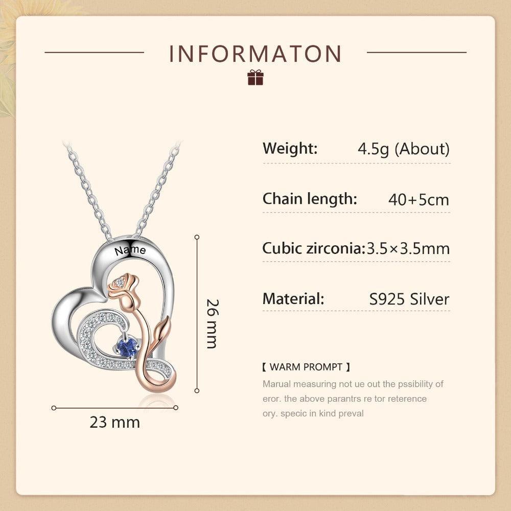 Personalized Sterling Rose Necklace - 1 Custom Name 1 Birthstone-Personalized Jewels