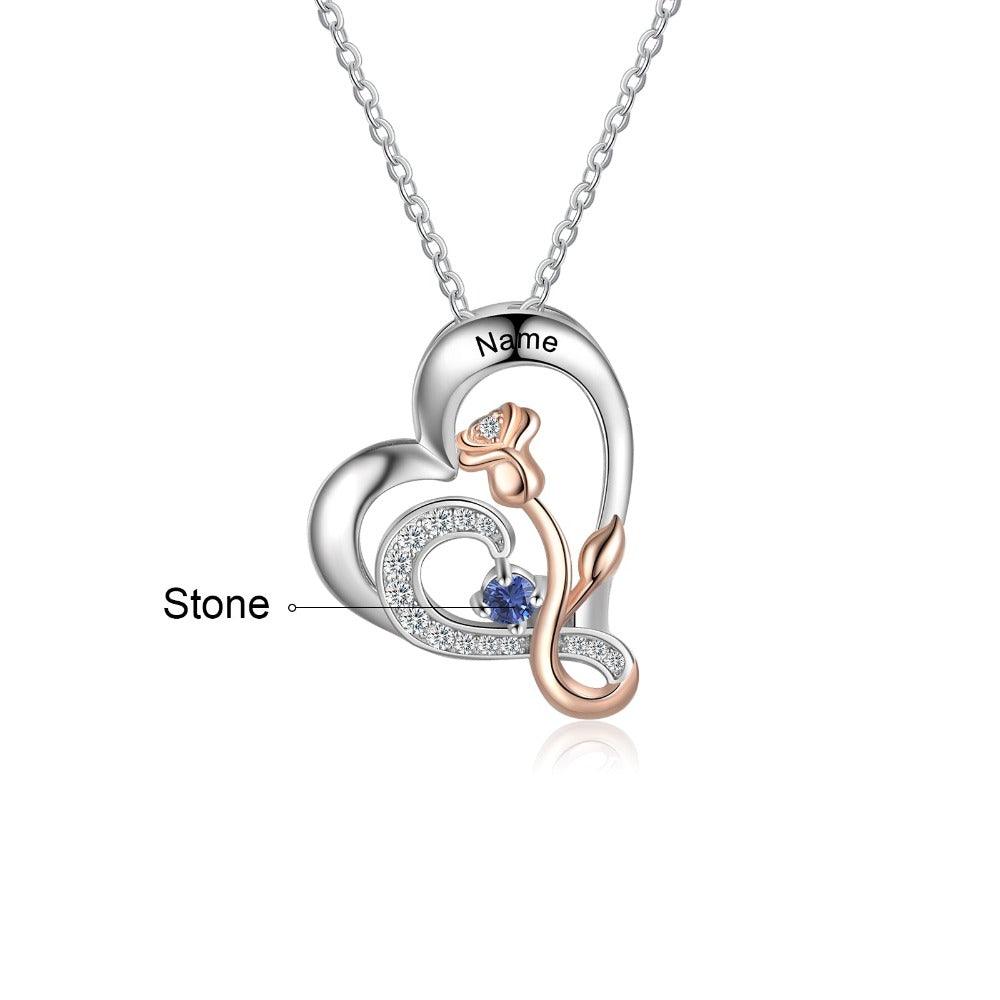 Personalized Sterling Rose Necklace - 1 Custom Name 1 Birthstone-Personalized Jewels