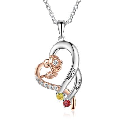 Personalized Sterling Rose Necklace - 1 Custom Name 2 Birthstones - Personalized Jewel