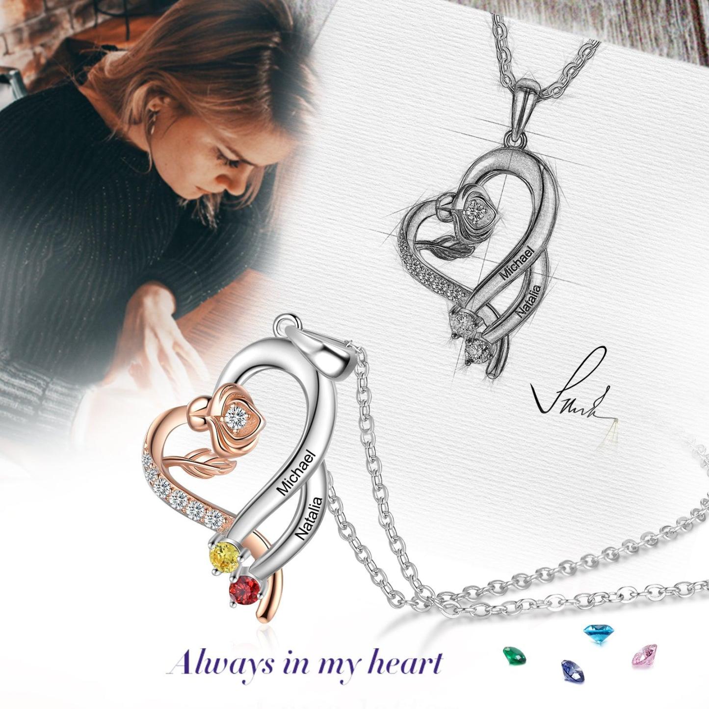 Personalized Sterling Rose Necklace - 1 Custom Name 2 Birthstones - Personalized Jewel