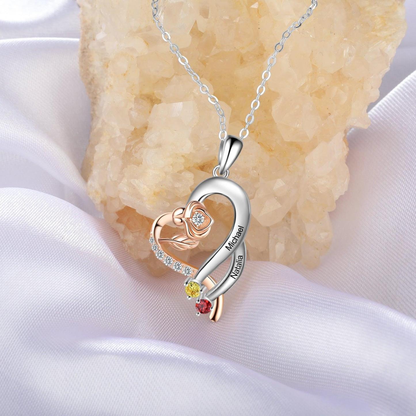 Personalized Sterling Rose Necklace - 1 Custom Name 2 Birthstones - Personalized Jewel