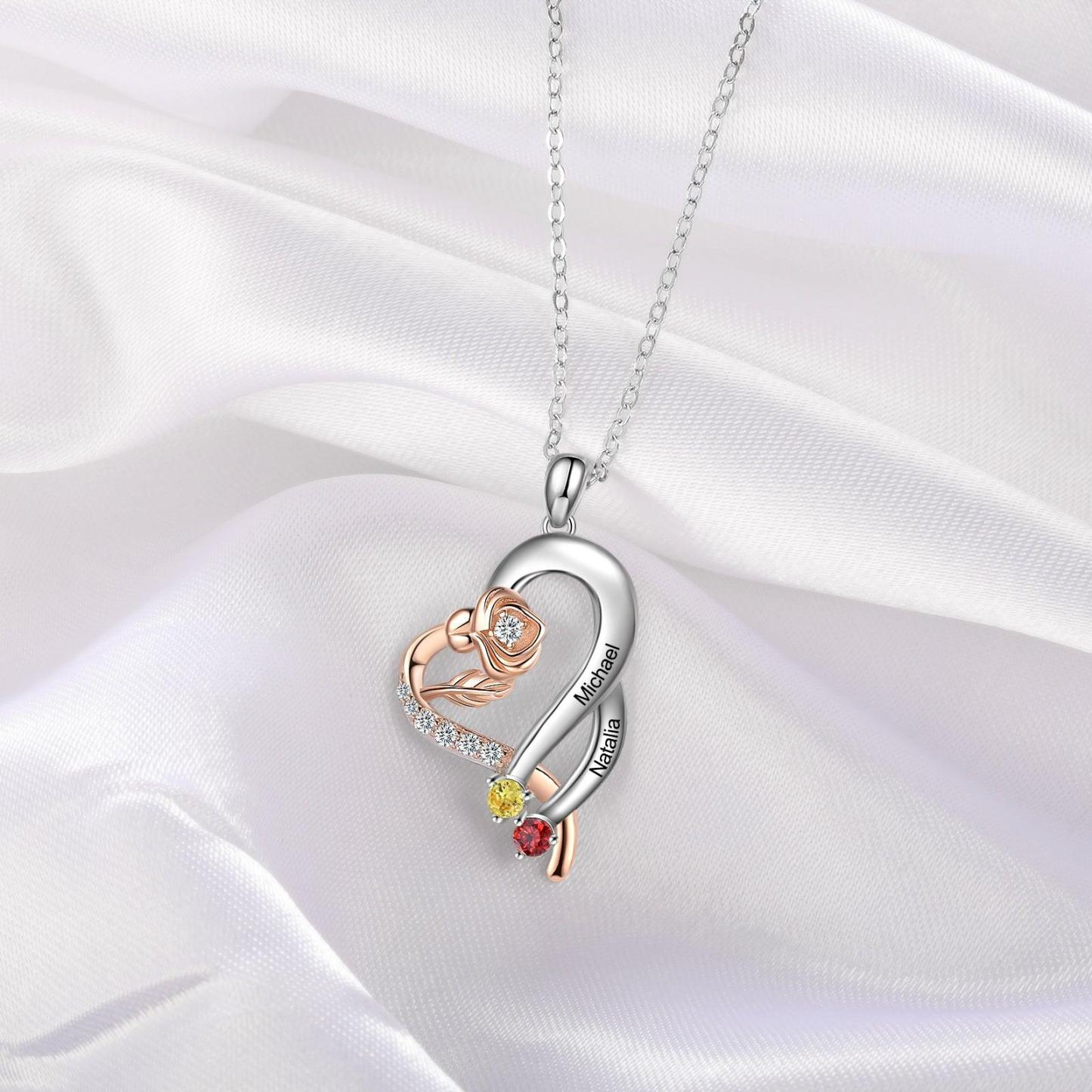 Personalized Sterling Rose Necklace - 1 Custom Name 2 Birthstones - Personalized Jewel