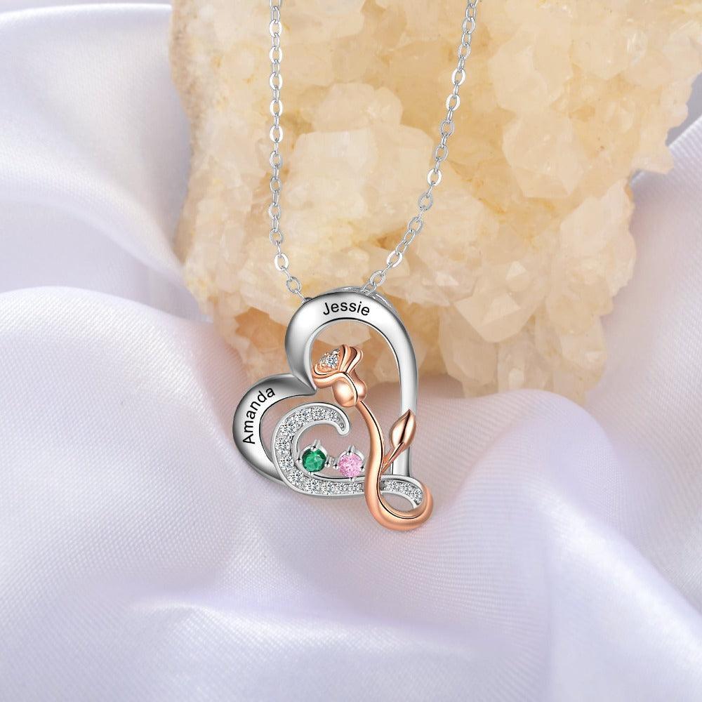 Personalized Sterling Rose Necklace - 2 Custom Names 2 Birthstones-Personalized Jewels