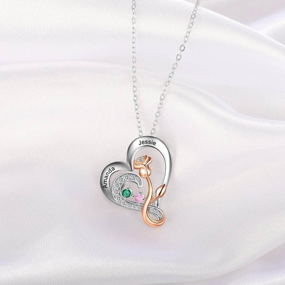 Personalized Sterling Rose Necklace - 2 Custom Names 2 Birthstones-Personalized Jewels