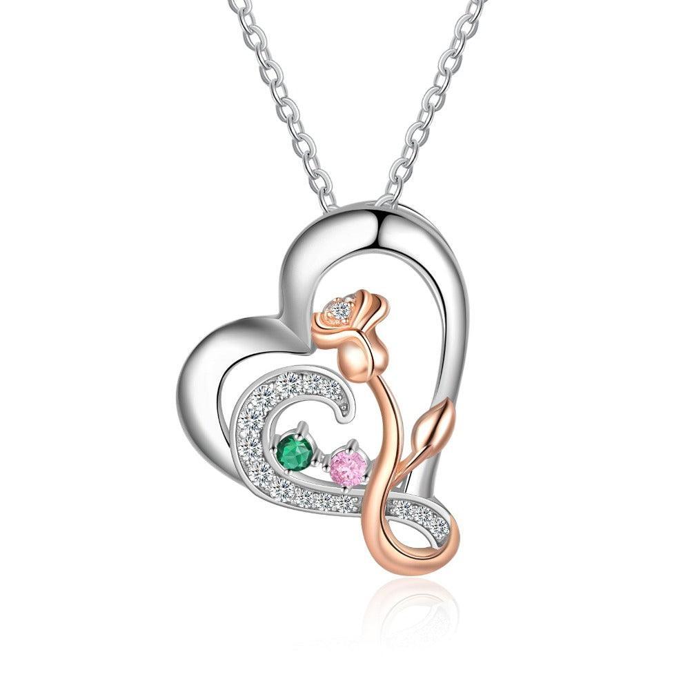 Personalized Sterling Rose Necklace - 2 Custom Names 2 Birthstones-Personalized Jewels