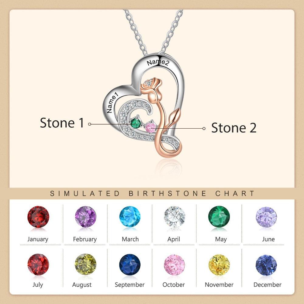 Personalized Sterling Rose Necklace - 2 Custom Names 2 Birthstones - Personalized Jewel