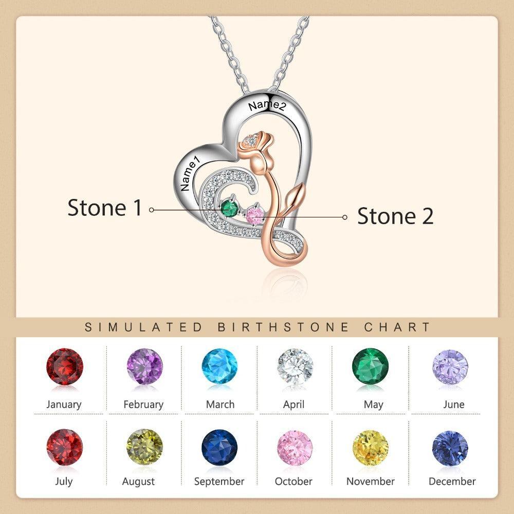 Personalized Sterling Rose Necklace - 2 Custom Names 2 Birthstones-Personalized Jewels