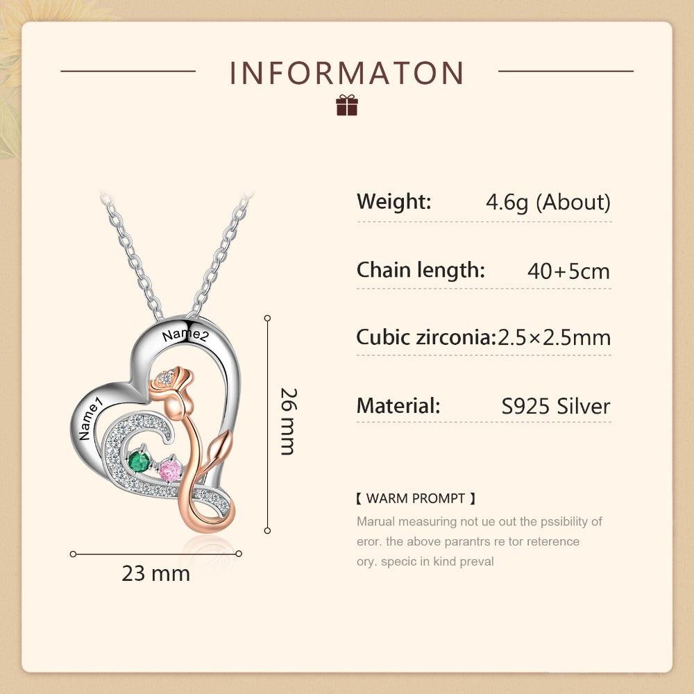 Personalized Sterling Rose Necklace - 2 Custom Names 2 Birthstones - Personalized Jewel