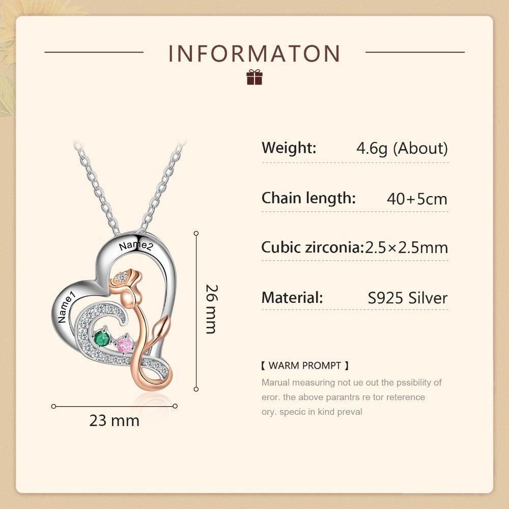 Personalized Sterling Rose Necklace - 2 Custom Names 2 Birthstones-Personalized Jewels