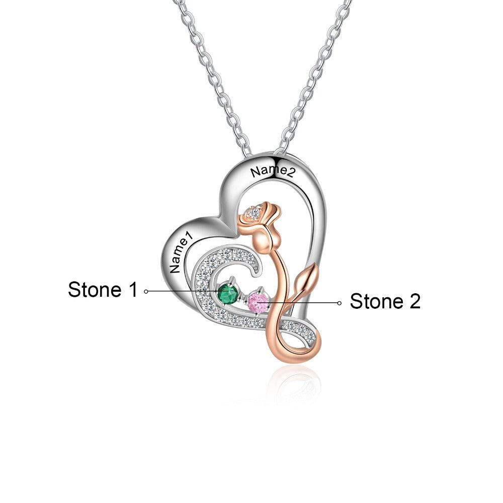 Personalized Sterling Rose Necklace - 2 Custom Names 2 Birthstones-Personalized Jewels