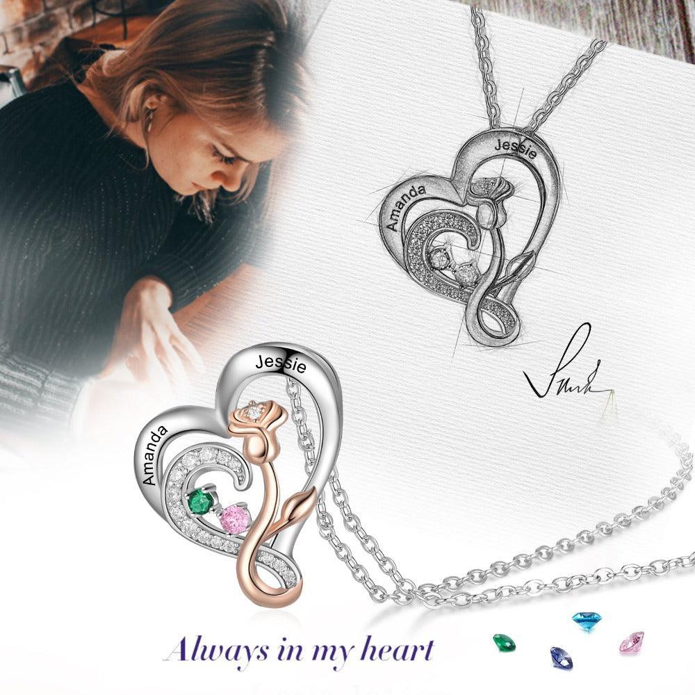 Personalized Sterling Rose Necklace - 2 Custom Names 2 Birthstones-Personalized Jewels