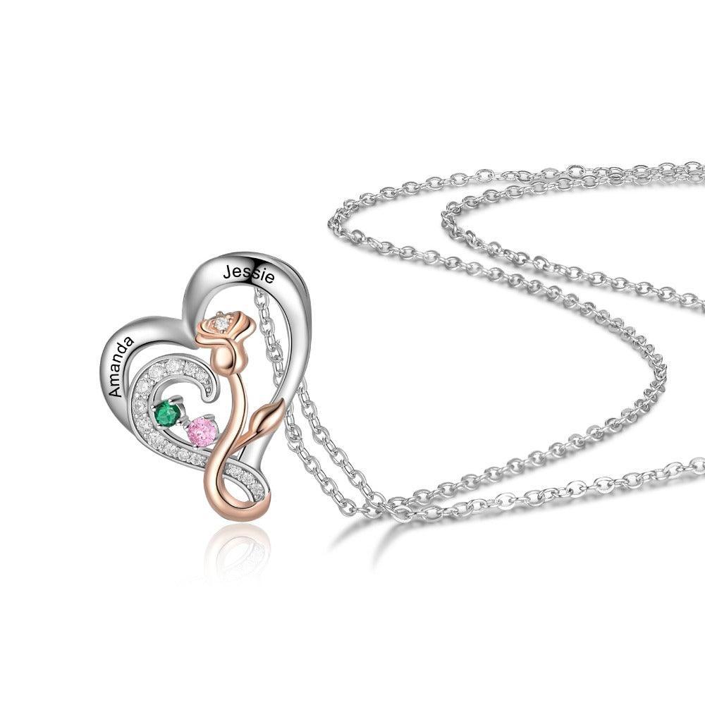 Personalized Sterling Rose Necklace - 2 Custom Names 2 Birthstones-Personalized Jewels