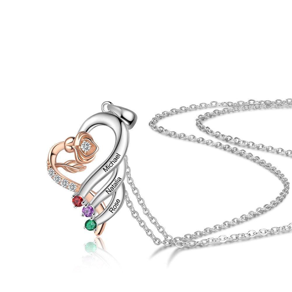 Personalized Sterling Rose Necklace - 3 Custom Names 4 Birthstones - Personalized Jewel