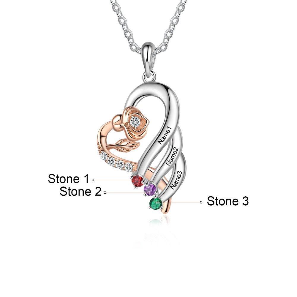 Personalized Sterling Rose Necklace - 3 Custom Names 3 Birthstones-Personalized Jewels