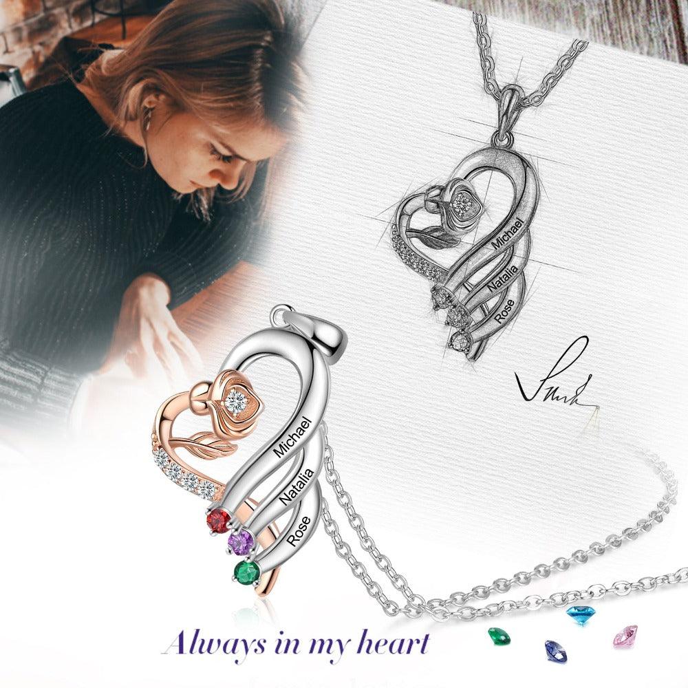 Personalized Sterling Rose Necklace - 3 Custom Names 4 Birthstones - Personalized Jewel