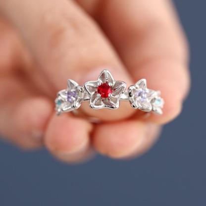 Personalized Sterling Silver Flower Ring for Women- Custom 4 Birthstone and Inner Engraving Ring for Lover - Personalized Jewel