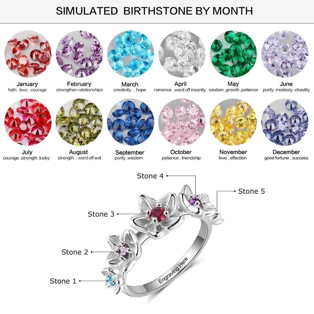 Personalized Sterling Silver Flower Ring for Women- Custom 4 Birthstone and Inner Engraving Ring for Lover - Personalized Jewel