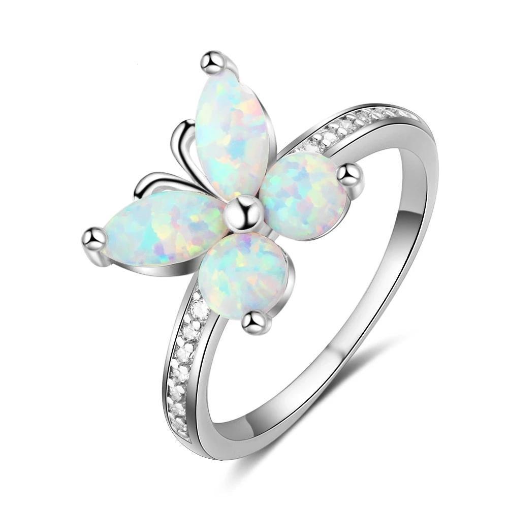 Personalized Sterling Silver Ring Bands - White Opal Butterfly - Studded with Cubic Zirconia Stones - Personalized Jewel
