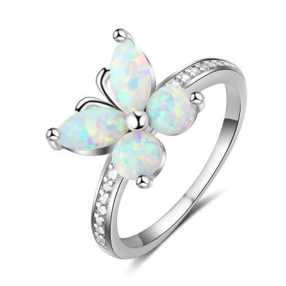 Personalized Sterling Silver Ring Bands - White Opal Butterfly - Studded with Cubic Zirconia Stones - Personalized Jewel