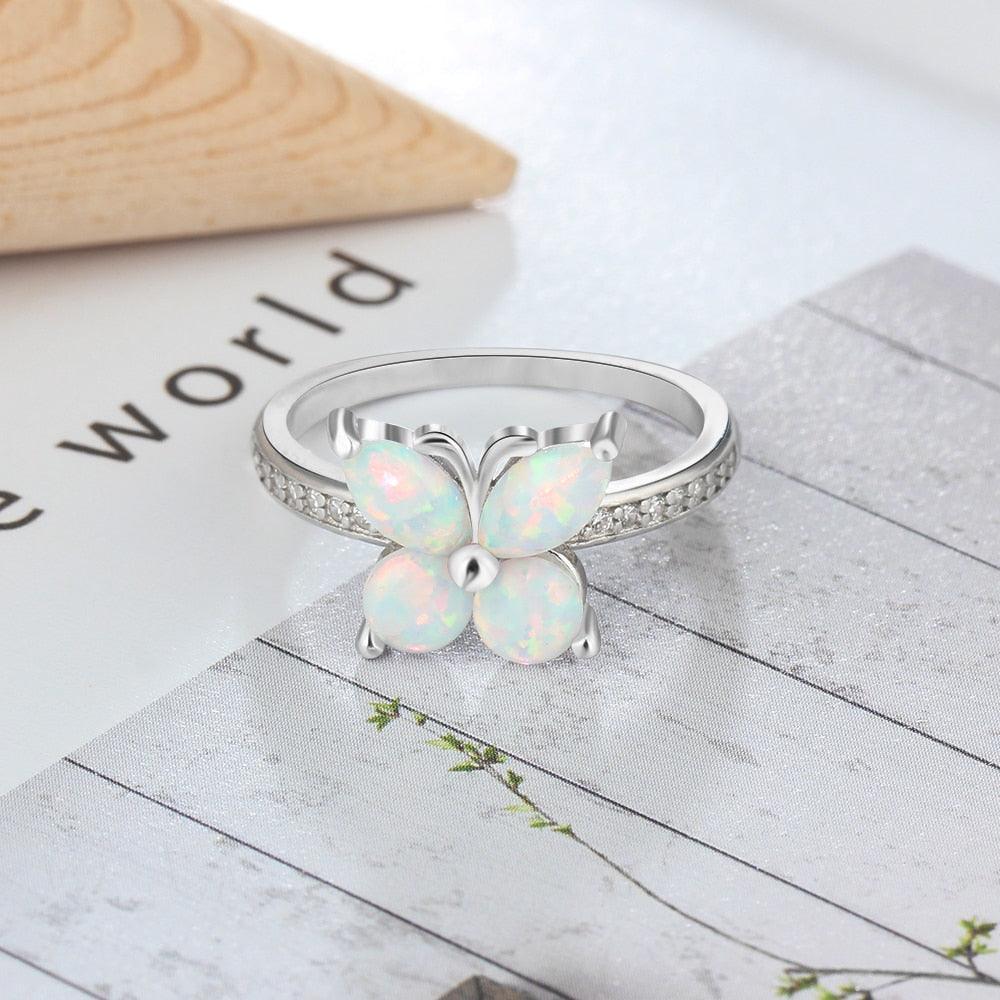 Personalized Sterling Silver Ring Bands - White Opal Butterfly - Studded with Cubic Zirconia Stones - Personalized Jewel