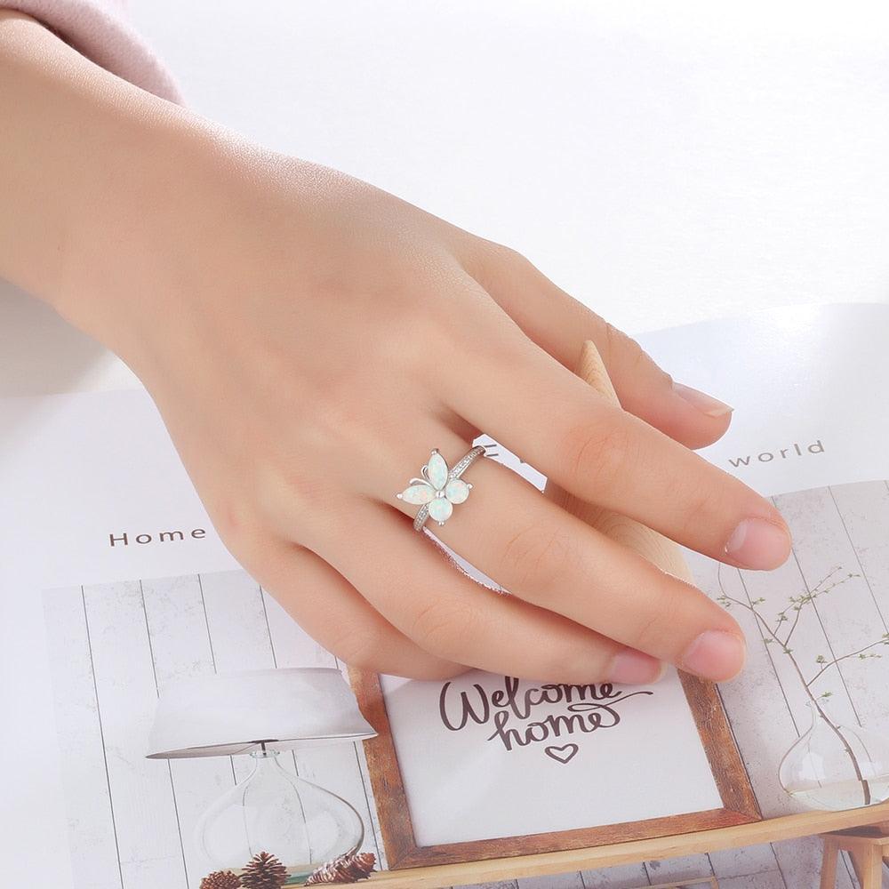 Personalized Sterling Silver Ring Bands - White Opal Butterfly - Studded with Cubic Zirconia Stones - Personalized Jewel