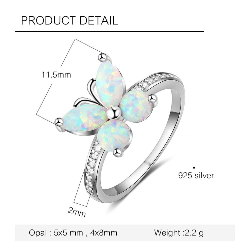 Personalized Sterling Silver Ring Bands - White Opal Butterfly - Studded with Cubic Zirconia Stones - Personalized Jewel