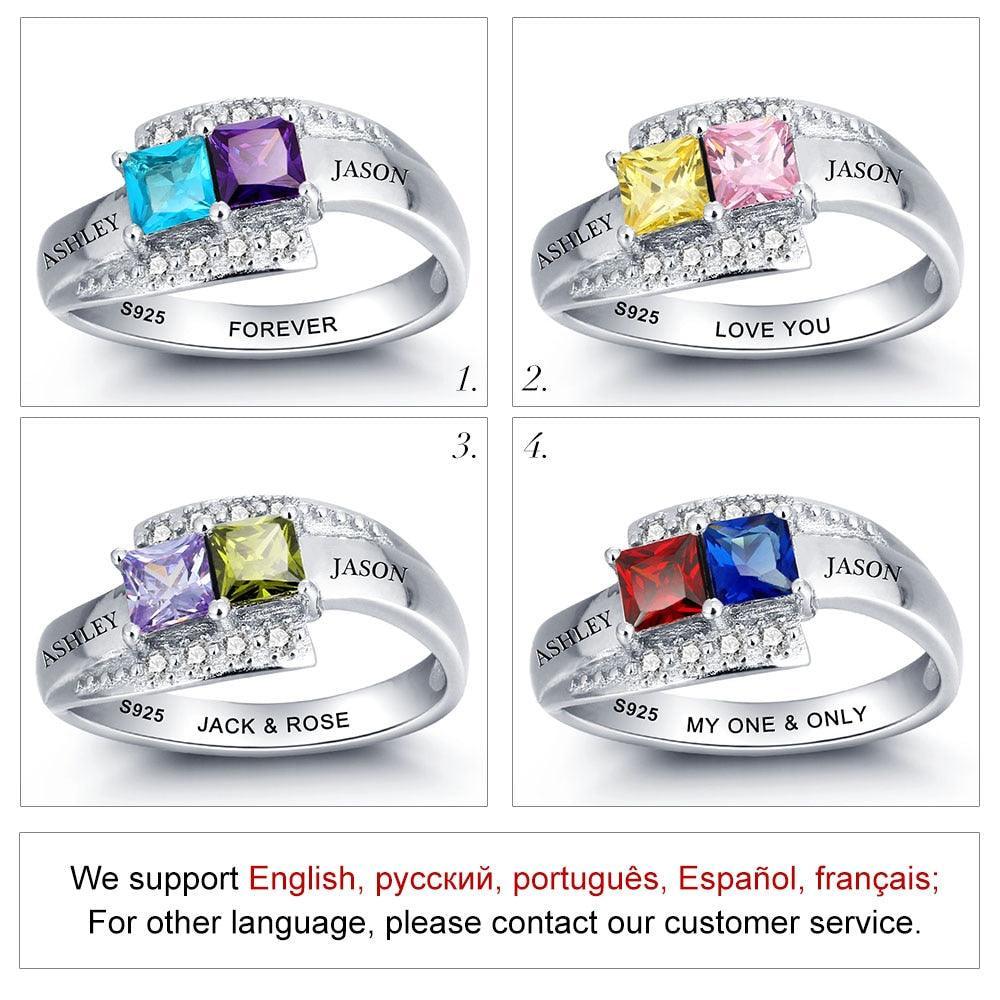 Personalized Sterling Silver Ring for Couples - Engrave Two Custom Names, One Phrase, and Cubic Zirconia Birthstones - Unique Gifts - Personalized Jewel