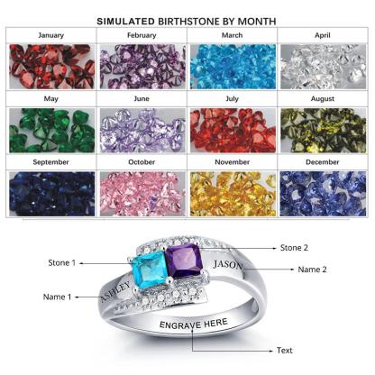 Personalized Sterling Silver Ring for Couples - Engrave Two Custom Names, One Phrase, and Cubic Zirconia Birthstones - Unique Gifts - Personalized Jewel