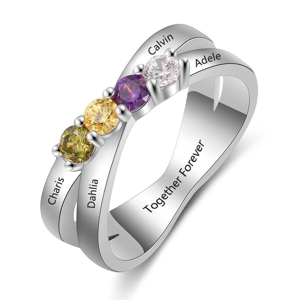 Personalized Sterling Silver Ring - Four Custom Birthstones Four Custome Names - Personalized Jewel