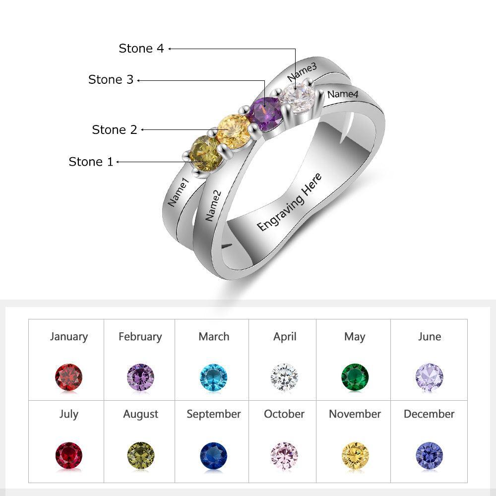 Personalized Sterling Silver Ring - Four Custom Birthstones Four Custome Names-Personalized Jewels