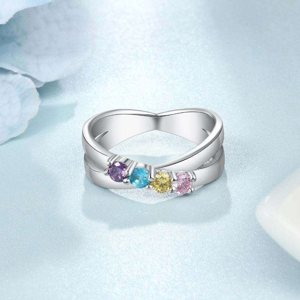 Personalized Sterling Silver Ring - Four Custom Birthstones Four Custome Names - Personalized Jewel