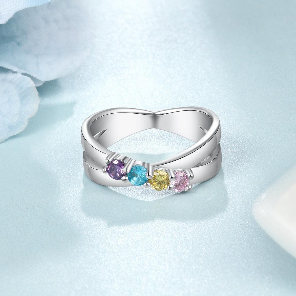 Personalized Sterling Silver Ring - Four Custom Birthstones Four Custome Names-Personalized Jewels