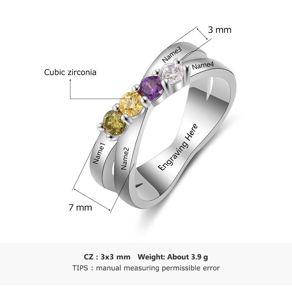 Personalized Sterling Silver Ring - Four Custom Birthstones Four Custome Names-Personalized Jewels