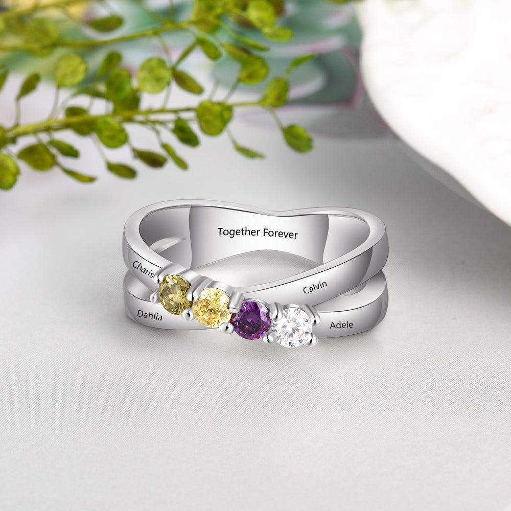 Personalized Sterling Silver Ring - Four Custom Birthstones Four Custome Names-Personalized Jewels