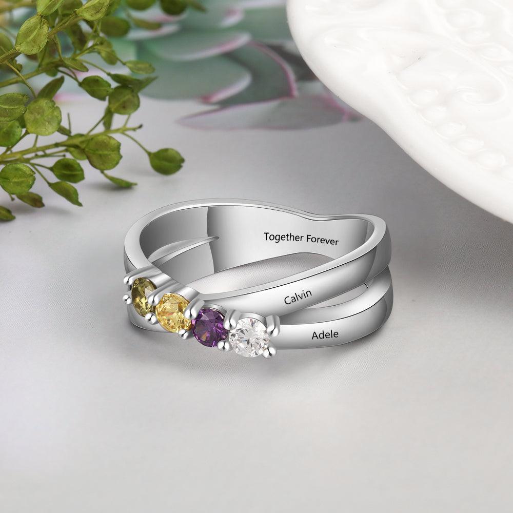 Personalized Sterling Silver Ring - Four Custom Birthstones Four Custome Names-Personalized Jewels